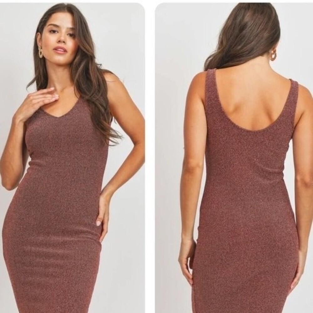 𝅺WILFRED Aritzia Sweater Dress Spacedye Brown Tan Bodycon Sheath Ribbed Knit S